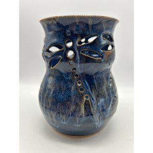 Seagrove NC Art Pottery Drip Glaze Vase Luminary Reticulated Dragonfly Signed Ke